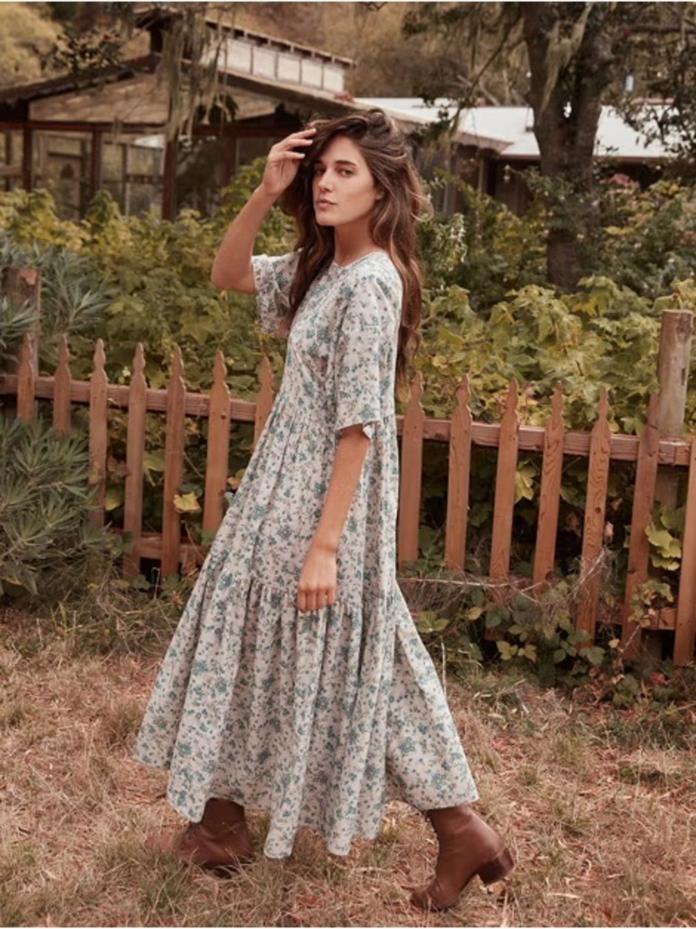 Christy Dawn Theo aloe spray Blue Floral Midi Tiered Dress one size
